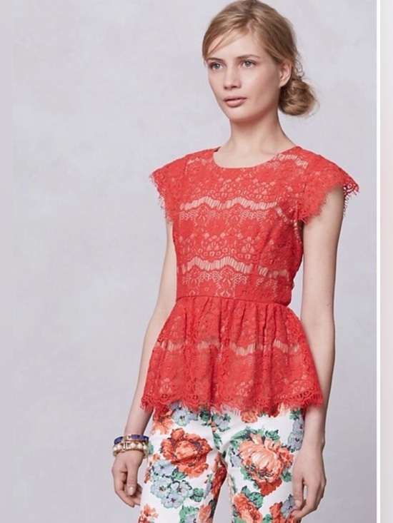 Maeve Tops - Maeve Anthropologie Katrine Lace Peplum Top Red Cap Sleeve Boho Size L